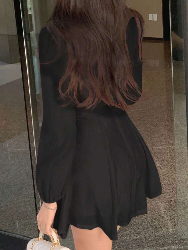 Women Small Square Collar Long Sleeve Pink Short Dress, Spring/Summer/Autumn