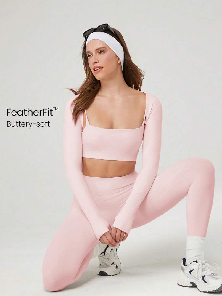 FeatherFit™ Cropped Limitless Long Sleeve Tank Shrug Top With Thumbhole Low Impact Yoga Pilates Daily