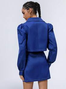 Aveloria Affinna Young Fashionable Mixed Metal Button Decor Contrast Stitch Design Loose Lapel Button Front Jacket Paired With Cargo Style A-Line Skirt, 2 Pieces Outfit, Women Spring Fall Cloth For Women - Blue - View 3