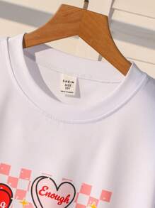 SHEIN Tween Girl Checkerboard Heart Print T-Shirt & Denim Rivet Decorated Skirt Set Summer Holiday - White - View 5