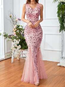 SHEIN Belle 开叉大腿撞色亮片网眼舞会礼服，优雅正式晚礼服，适合婚礼嘉宾、毕业典礼、节日晚宴派对服装 - 粉色 - 查看 4