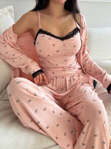 DAZY Conjunto de 3 piezas: Top tipo camiseta de blonda con estampado de lazo y bloqueo de color + Chaqueta + Pantalones de pijama, para primavera