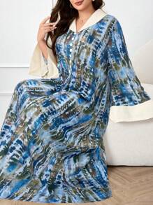 Al Najma 加大码女式蜡染印花纽扣设计喇叭袖宽松阿拉伯风格连衣裙，端庄的长袍 - 藍色 - 查看 1