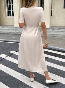 SHEIN Frenchy Women's Solid Color Elegant Romantic Front Neck Bow Midi Dress, Simple & Fashionable, Suitable For Summer,Women Dresses Vacation,Elegant Gown,Spring/Summer,Front Button Placket Dress,Non-Stretch Crepe Textured Fabric,Elegant And Fashionable For Commuting,Modest Dresses For Women,Wedding Guest Dress Women,Bridal Shower Dress White,Graduation Dress,Tea Party Dress