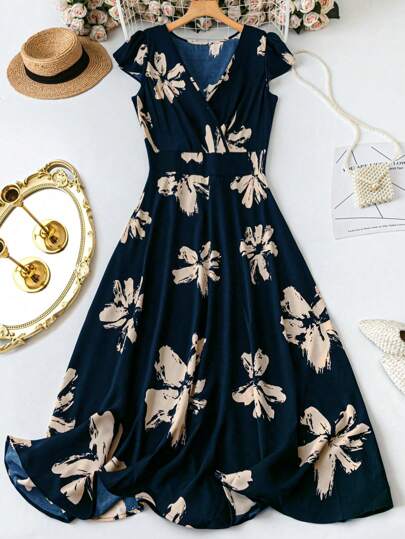 Rometta 大码女式春夏花卉印花浪漫 V 领收腰修身连衣裙，黑色