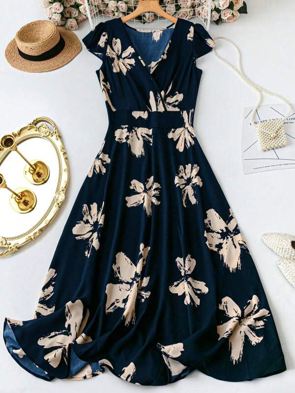 DreamSkyne Plus Size Women's Spring & Summer Floral Printed Romantic V-Neck Waist Cinched Slim Fit Dress, Black Color
