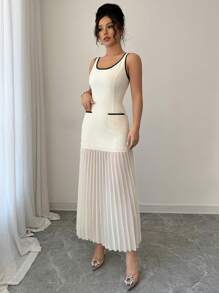 Gloray Contrast Color Sleeveless Pleated A-Line Dress, Elegant - Apricot - View 5
