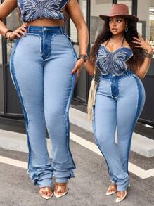 SHEIN SXY Plus Size Women Distressed Skinny Jeans With Contrast Panel Summer Western Cowboy Color Matching - Blue - View 1