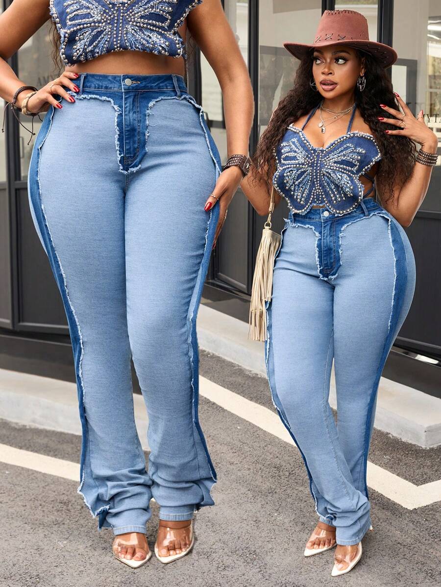 SHEIN SXY Plus Size Women Distressed Skinny Jeans With Contrast Panel Summer Western Cowboy Color Matching - Blue - View 1