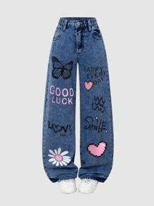 Jeans vaqueros de uso diario de cintura alta, pierna recta, estilo casualizado y vintage, con estampado lindo, para niñas preadolescentes