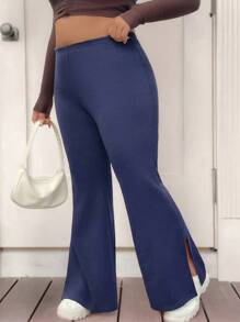 Flirla Plus Size Women Solid Color Elastic Waist Side Slit Casual Flare Pants