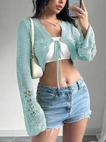 Flirla Áo len cardigan dài tay khoét rỗng phía trước màu trơn cho nữ, trang phục đi nghỉ - Màu xanh lam - Xem 5