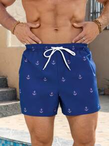 Palasendo Men's Simple Fashionable Casual Beach Shorts, Everyday Wear,Hawaiian, Navy Blue Swim Trunks, Men's Swim Trunks, Anchor Print Swim Trunks, Men's Beachwear, Men's Swim Shorts - Navy Blue - View 4