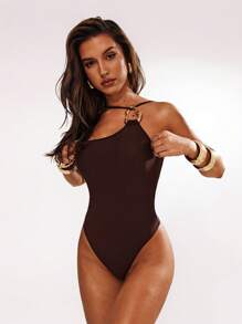 SHEIN BAE 女士金属装饰不对称领口性感连体泳衣度假 - 棕色 - 查看 6