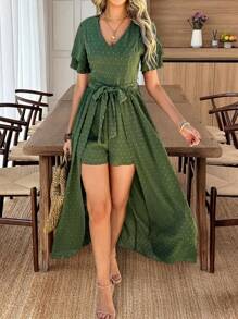SHEIN Clasi Solid Color Lace-Up V-Neck Short-Sleeved Long Flowy Spring/Summer Jumpsuit For Women