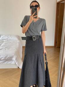 Dazy-Less Women's V-Neck Solid Color Simple Short Sleeve T-Shirt With Button Design Business Casual Woman Work Clothes - Grey - View 7