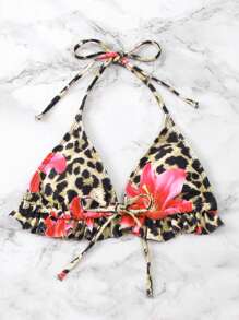 3pcs/Set Random Print Multi-Color Strap Tie Front Tie Side Bikini Bottom And Ruffle Hem Mesh Beach Cover Up Swimwear Set, Festival Boho - Multicolor - View 4