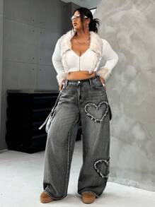 SHEIN ICON Quần Jeans Ống Thẳng In Hình Trái Tim Cỡ Lớn Màu Xanh - màu đen - Xem 5