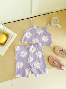 SHEIN 2pcs Baby Girl Floral Print Camisole & Shorts Set - Mauve Purple - View 7
