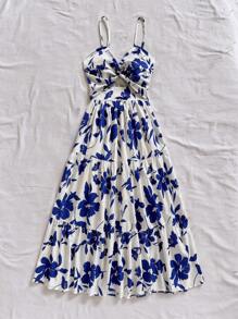 Soleia 女式长款花卉印花吊带裙，前部扭纹和 A 字形廓形，度假风格 - 藍白色 - 查看 5