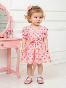 SHEIN Baby Girl Summer Cute Lantern Sleeve Round Neck Bowknot Retro Print Casual Comfortable Outdoor Dress