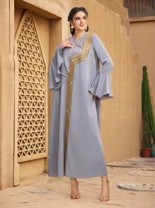 Al Najma Turkish & Arabic Traditional Embroidered Trumpet Sleeve Long Robe With Sash Kaftan Jalabiya Dress - Blue - View 5