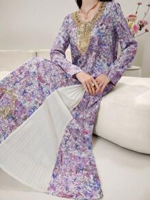 Al Najma Women's V-Neck Pullover Tie Dye Floral Pattern Sequins Embroidered Collar Pleated Insert Romantic Elegant Turkish/Arabic Long Kaftan,Modest - Multicolor - View 3