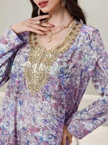 Al Najma Women's V-Neck Pullover Tie Dye Floral Pattern Sequins Embroidered Collar Pleated Insert Romantic Elegant Turkish/Arabic Long Kaftan,Modest - Multicolor - View 6