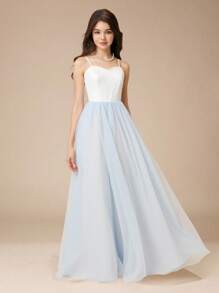 优雅蕾丝撞色网眼吊带连衣裙，适合伴娘、花童、舞会、婚礼、生日派对、少女 - 藍白色 - 查看 1