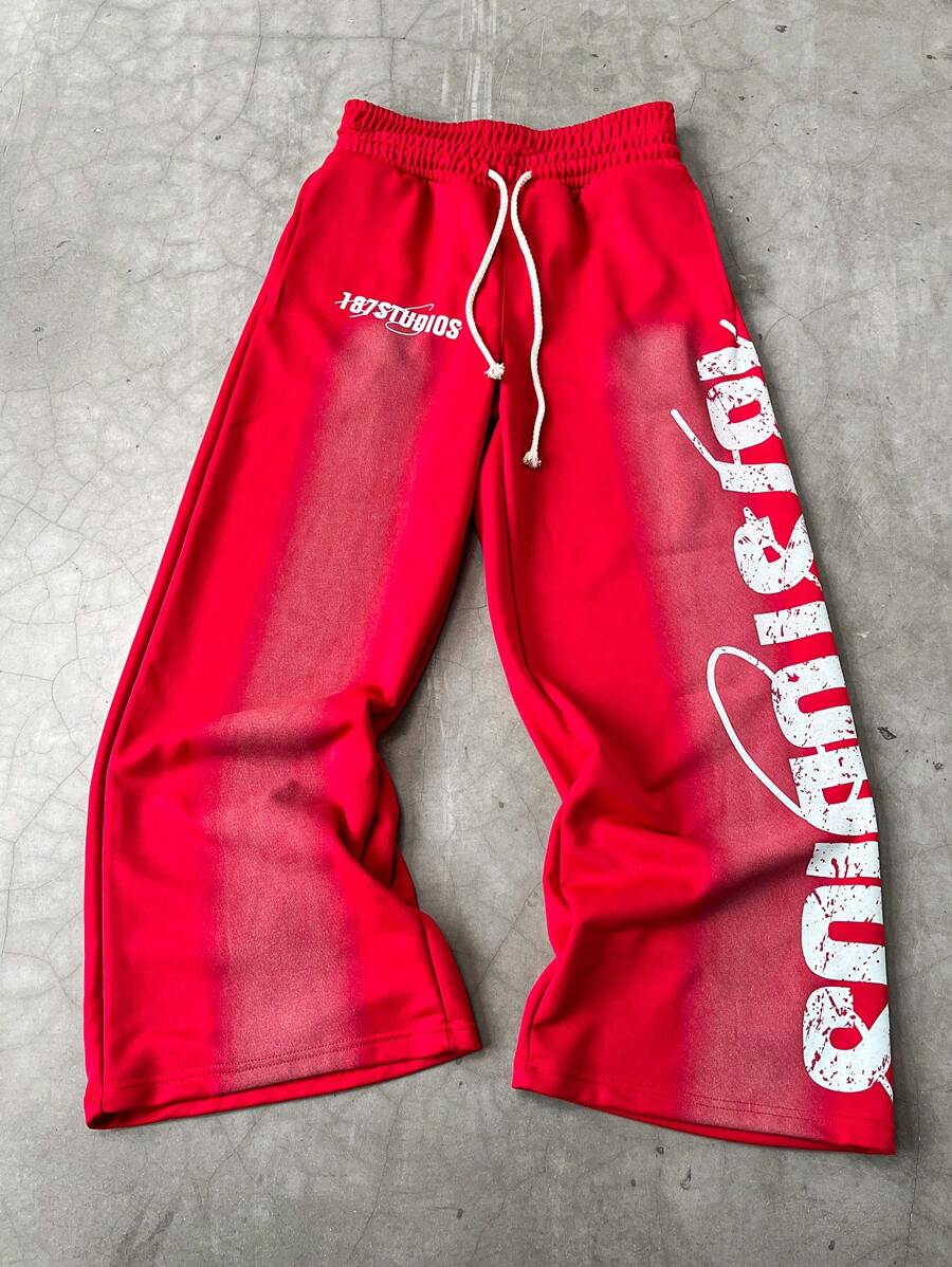 Men's Loose Letter Print Drawstring Waist Straight Leg Pants - Red - View 1