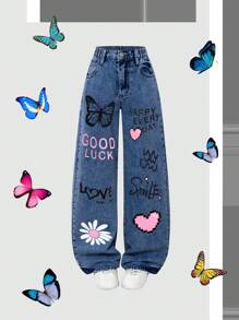 Jeans vaqueros de uso diario de cintura alta, pierna recta, estilo casualizado y vintage, con estampado lindo, para niñas preadolescentes
