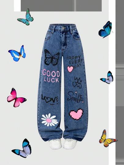 Sparklyn Tween Girls Y2K Style Vintage Wash Effect Cute Print Casual Versatile All-Match Relaxed Straight Leg Everyday Wear Denim Jeans