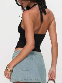 INAWLY Solva Áo ba lỗ cổ yếm xẻ tà trước màu trơn gợi cảm cho nữ - màu đen - Xem 2