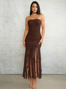 Silquee Island Girl 钩针长裙罩衫杏色亚麻露肩春夏度假海滩超长流苏迷你钩针连衣裙 - 咖啡棕 - 查看 6