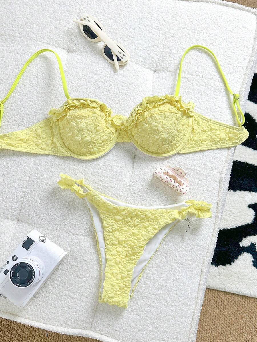 Swim Mod Knit Jacquard Solid Spaghetti Strap Cami Top And Spaghetti Strap Bikini Bottoms, Women Two Pieces Beach Summer Spaghetti Strap Bikini Set Set - Yellow - View 1