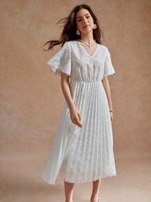 Écloséra Women's V-Neck Ruffle Short Sleeve Embroidered Long Dress, Elegant