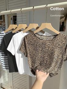 SHEIN EZwear Plus Size Letnie Elastyczne Bawełniane Okrągły Dekolt Dopasowane Podstawowe Koszulki