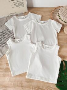 4 Pcs Baby Boy Baby Girl Casual Daily Sports Comfortable White Vest And T-Shirt 4-Piece Classic And Versatile Suitable For Daily Home Suitable For Vacation Suitable For Travel Suitable For School Suitable For Daily Parties Suitable For Spring And Summer Back To School Outfits, Fall Outfits, Infant Unisex Neutral - White - View 1