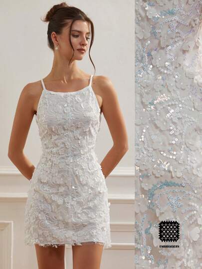 Aveloria Rosie 白色亮片装饰 3D 花卉特殊面料浪漫优雅性感派对鸡尾酒礼服，无袖迷你吊带裙适合婚礼季节