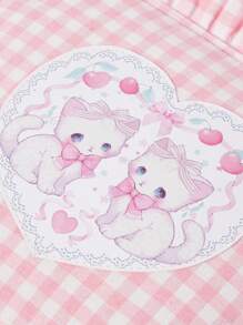 ROMWE Kawaii Women's Pink & White Plaid Lace Cherry Cat Pattern Bow Decor Cosmetic Pouch - Multicolor - View 4