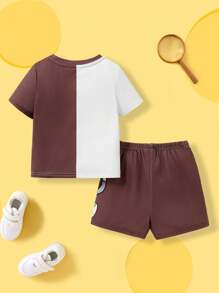TOM & JERRY X SHEIN 2pcs/Set Baby Boy Cute Casual Colorblock Cartoon Graphic Short Sleeve T-Shirt And Shorts, Spring/Summer - Brown - View 2