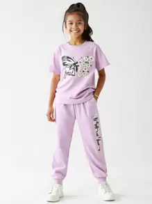 2 件套女孩蝴蝶印花圆领短袖上衣和松紧腰休闲运动裤，夏季轻便服装 - 紫色 - 查看 1