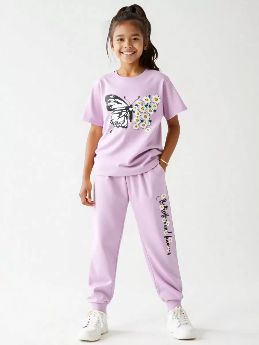 2 件套女孩蝴蝶印花圆领短袖上衣和松紧腰休闲运动裤，夏季轻便服装 - 紫色 - 查看 1