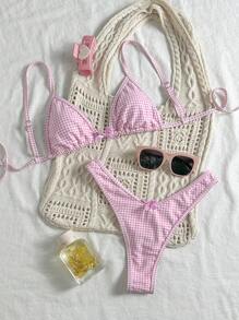 Swim Mod Beach Summer Outfits For Women: 2pcs Random Plaid Spaghetti Strap Cute Bow Bikini Set - Pink - View 1