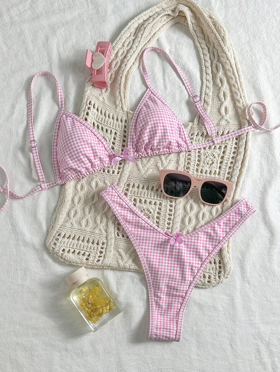 Swim Mod Beach Summer Outfits For Women: 2pcs Random Plaid Spaghetti Strap Cute Bow Bikini Set - Pink - View 1