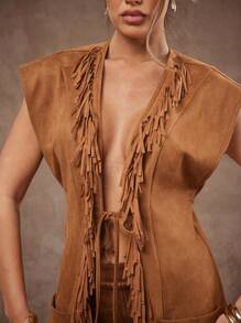 Hauture Chaqueta regular con flecos y cordón para mujer - Marrón - Ver 5