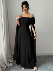 Rafferiza 情人节浪漫约会优雅女士露肩大红色3D花朵超长开衩袖休闲连衣裙 - 黑色 - 查看 5