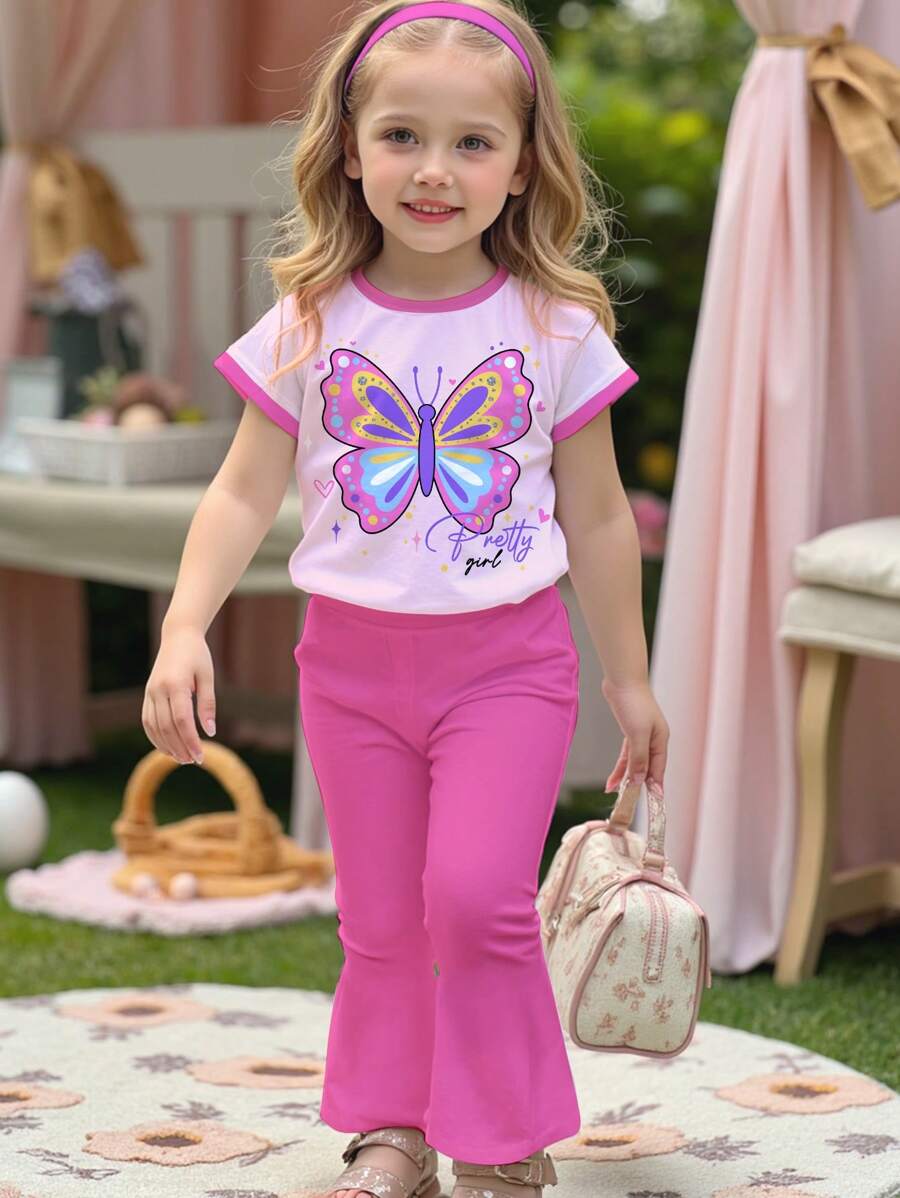 SHEIN Conjunto de 2 piezas - Blusa de manga corta rosa con gráfico de "Chica Bonita" y mariposas impresas, y pantalón campana, un conjunto casual para niñas jóvenes apropiado para el verano - Multicolor - Ver 1