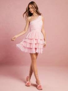 Enchnt 不对称褶饰分层网眼连衣裙 - 淺粉色 - 查看 7