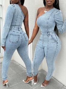 Slaydiva Mono de mezclilla skinny de mujer informal con cuello asimétrico lavado